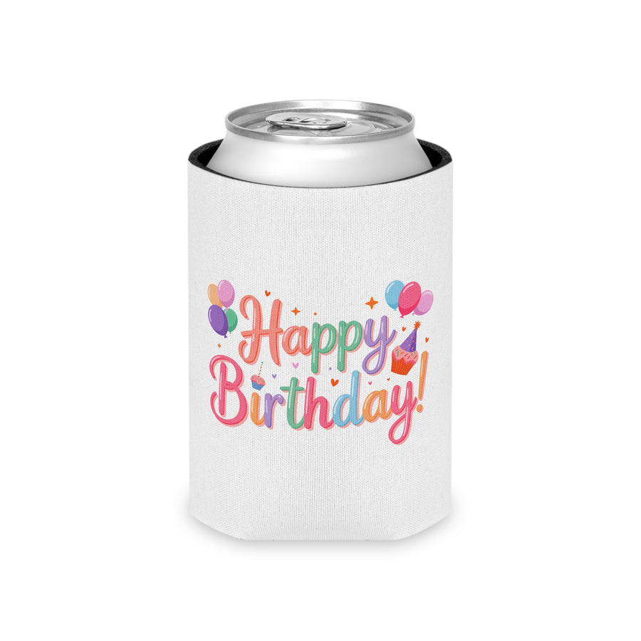 A white can cooler on a drink can, printed with "Happy Birthday!" in rainbow pastel lettering with bunches of balloons, a cupcake and small hearts.