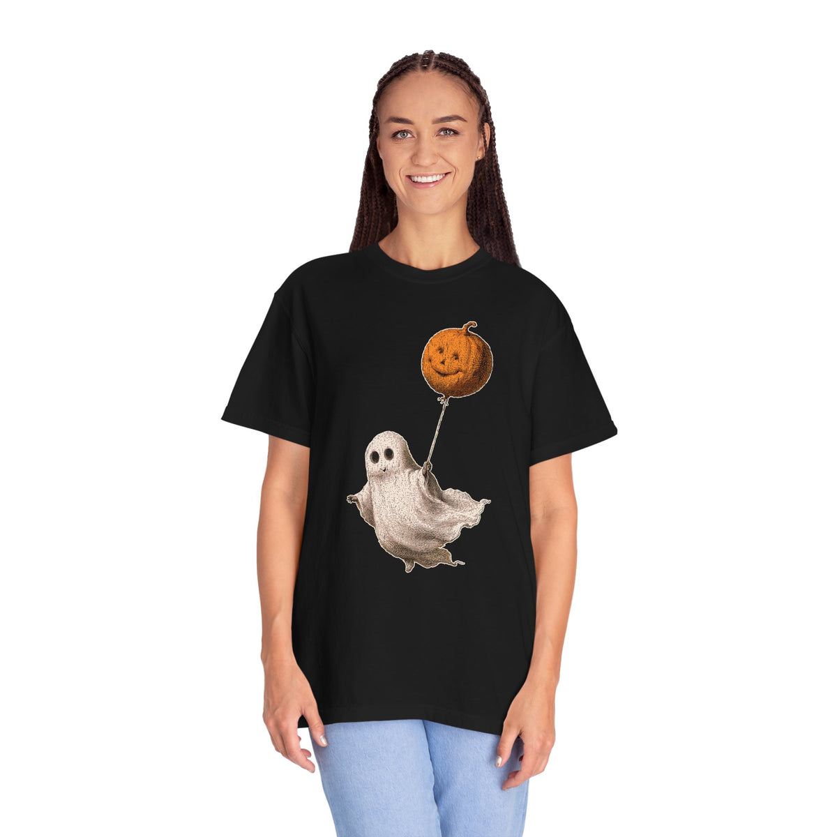 Cute Ghost Halloween Shirt, Pumpkin Balloon Graphic Tee, Vintage Spooky Season Gift for Women, Cozy October Fall Outfit for Ghost Lovers