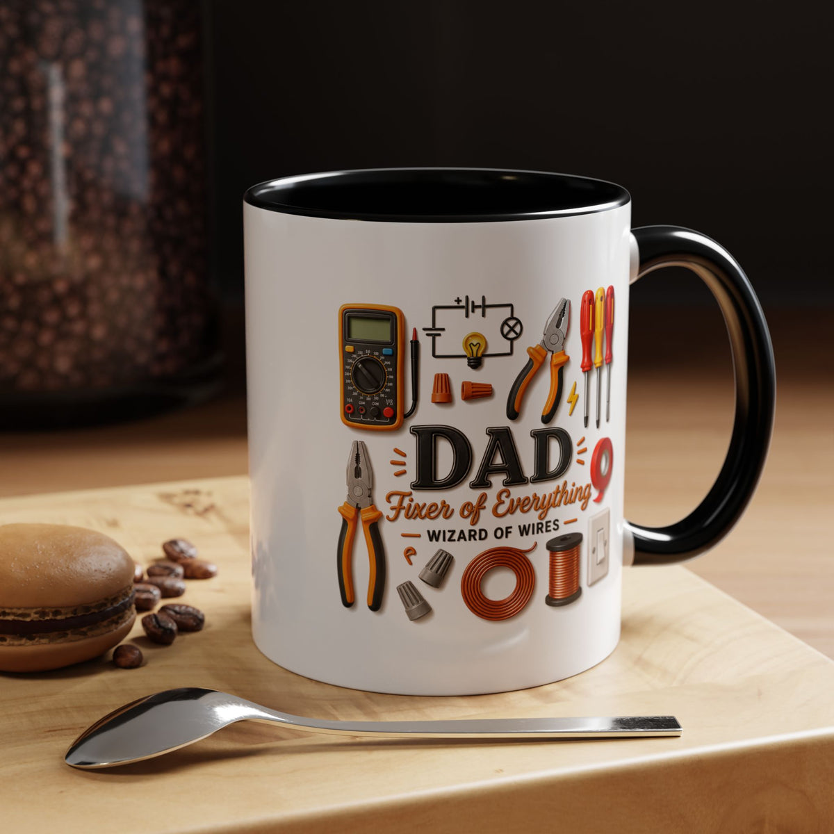 Electrician Dad Fixer of Everything Coffee Mug, Father's Day Gift for Electricians, Lineman Papa Handyman Ceramic Tea Cup with Black Handle