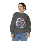 Japanese Surfing Raccoon Sweatshirt, Retro Wave Graphic Crewneck, Funny Animal Surfer Gift, Japan Inspired Beachwear Cozy Pullover