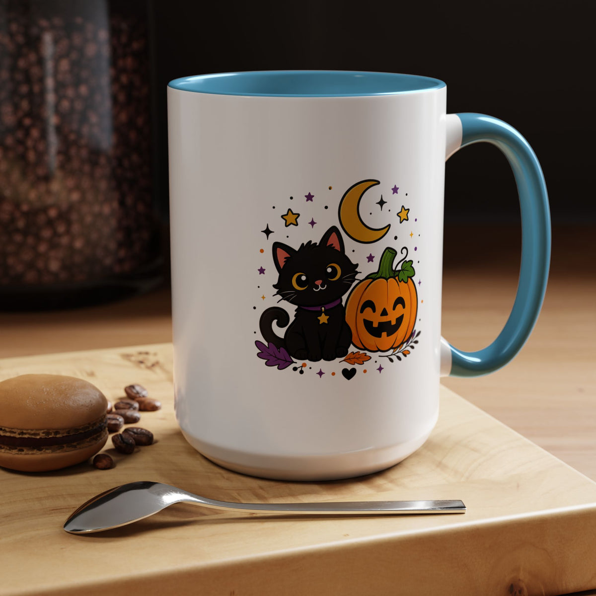 Cute Black Cat Halloween Mug, Pumpkin and Moon Coffee Cup, Spooky Season Gift for Cat Lover, Fall Birthday Present, Witchy Fall Decor