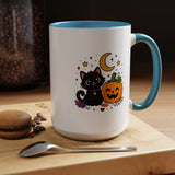 Cute Black Cat Halloween Mug, Pumpkin and Moon Coffee Cup, Spooky Season Gift for Cat Lover, Fall Birthday Present, Witchy Fall Decor
