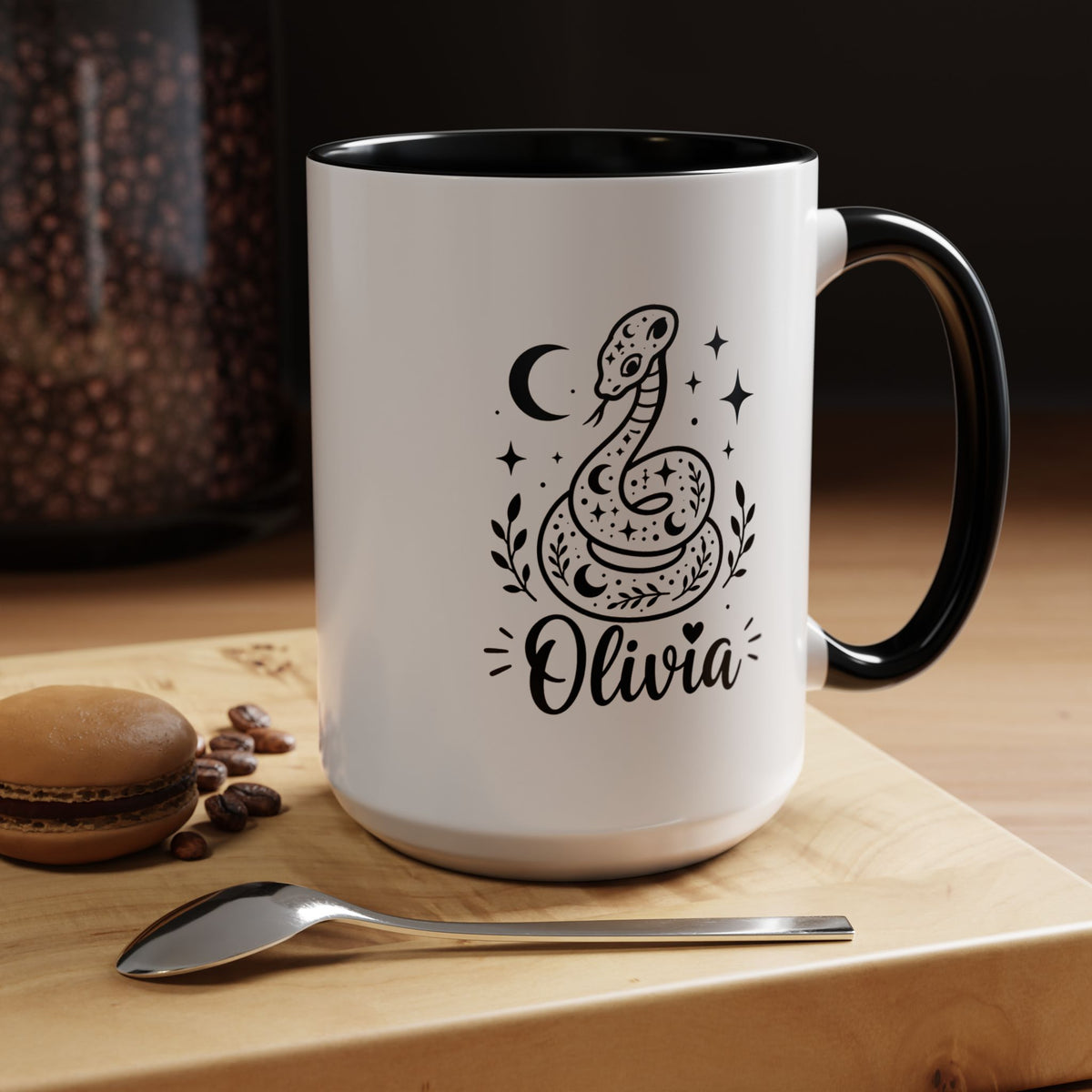 Personalized Snake Mug with Name, Celestial Serpent Coffee Cup, Custom Witchy Gift for Snake Lover, Gothic Botanical Birthday Gift