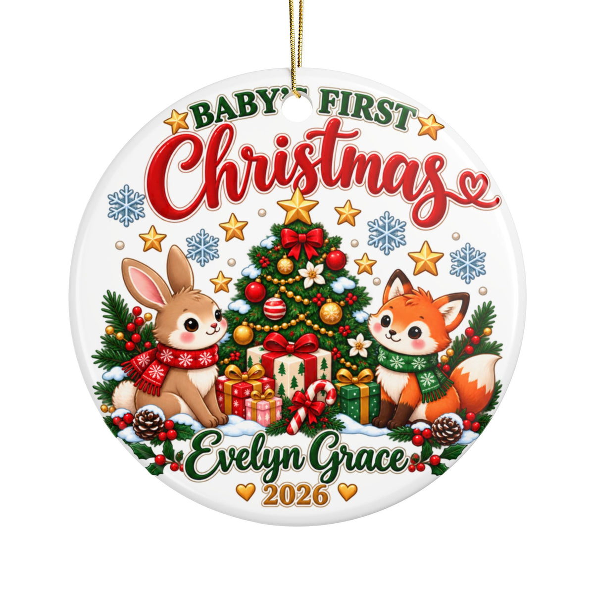 Personalized Baby First Christmas Ornament 2026, Custom Name Woodland Bunny and Fox Keepsake, Holiday Gift for New Parents and Grandbaby