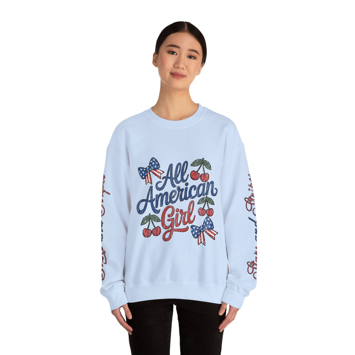 All American Girl Sweatshirt, Patriotic Womens Pullover, USA Flag Cherry Top, Vintage Americana Style, Fourth of July Gift