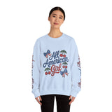 All American Girl Sweatshirt, Patriotic Womens Pullover, USA Flag Cherry Top, Vintage Americana Style, Fourth of July Gift