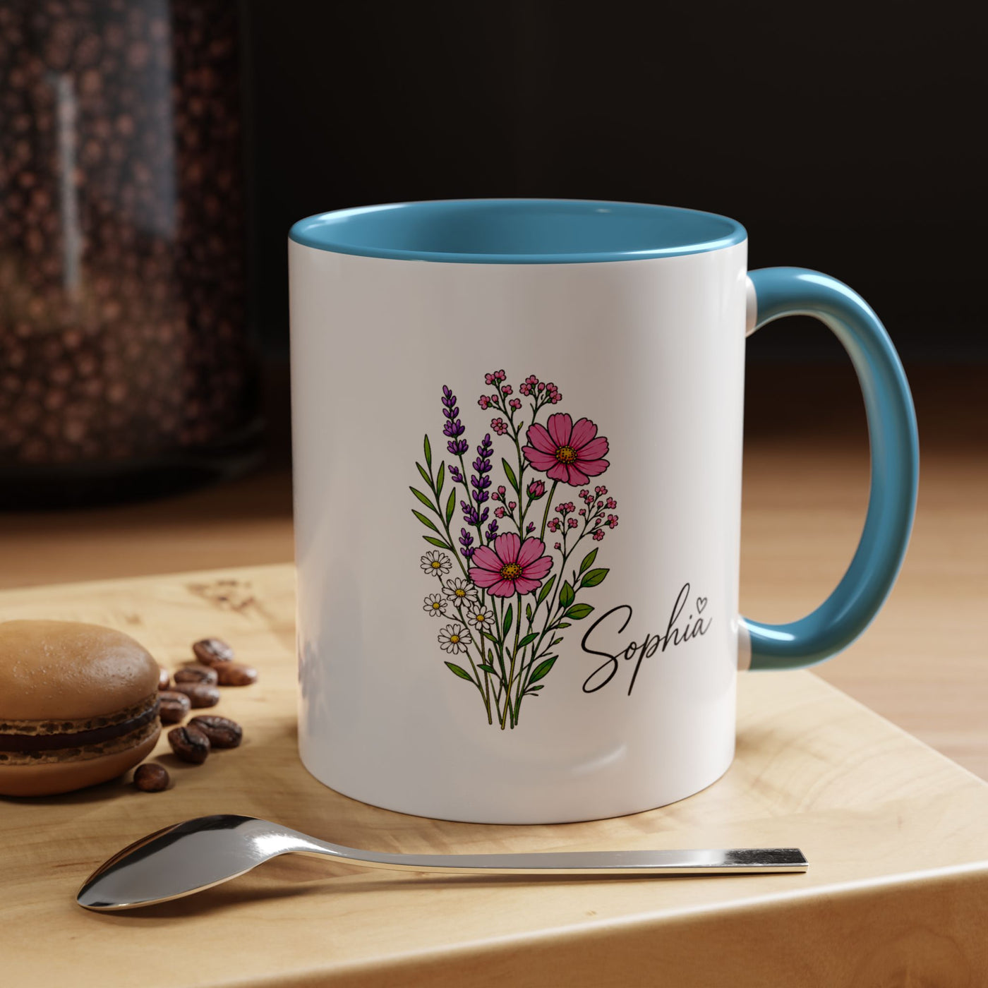 Personalized Floral Name Mug, Custom Wildflower Coffee Cup for Her, Birthday Gift for Women, Botanical Friend or Coworker Keepsake