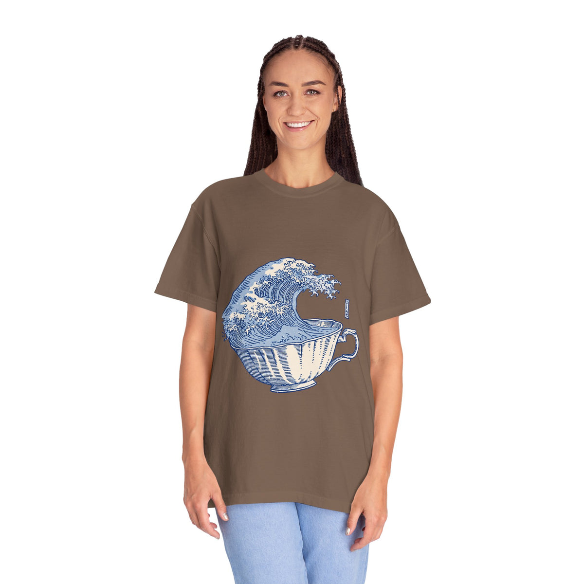 Great Wave Teacup Shirt, Japanese Art Inspired Ocean Graphic, Gift for Tea Lovers and Coastal Art Fans, Casual Cafe Weekend Outfit