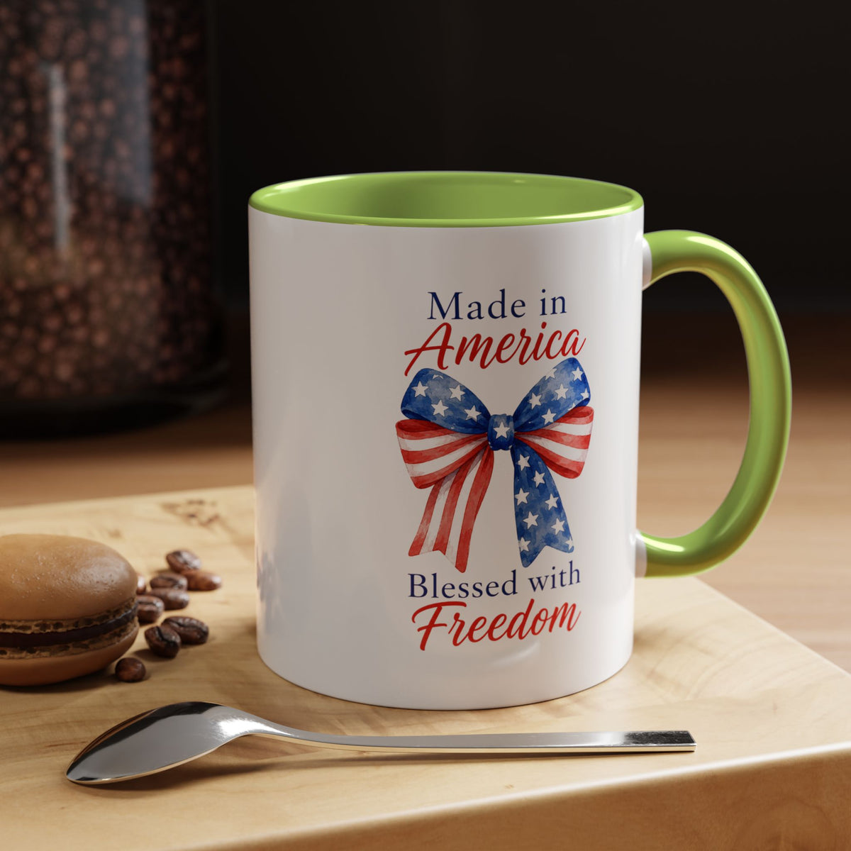 Made in America Blessed with Freedom Mug, Patriotic American Flag Bow Coffee Mug, USA Pride Gift for Women, Fourth of July Cup