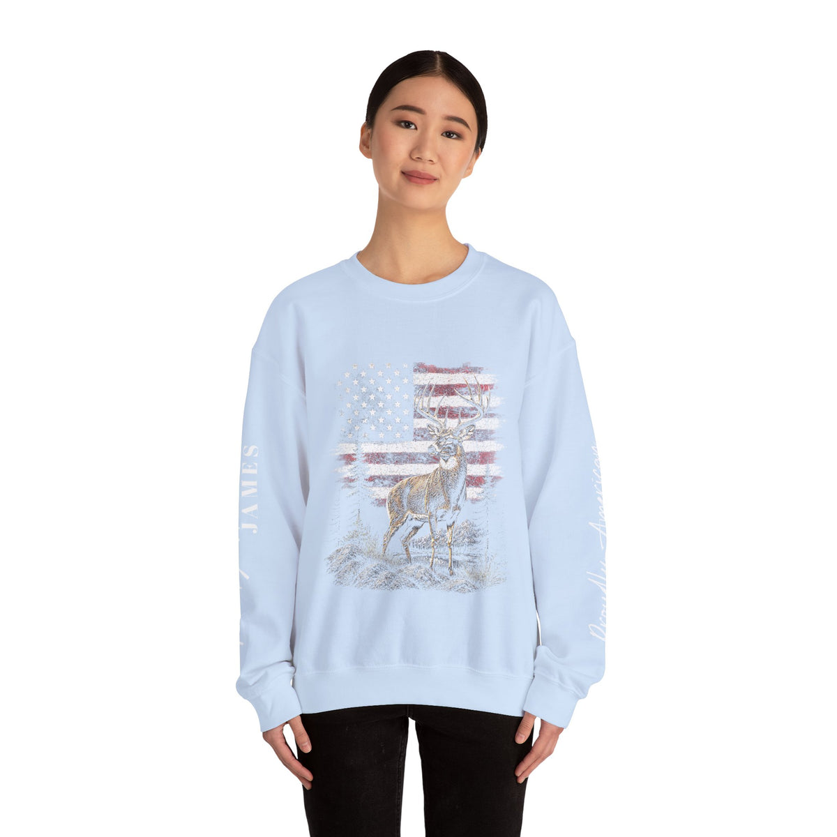 Personalized Hunting Sweatshirt, Custom Deer American Flag Pullover, Patriotic Outdoorsman Crewneck, Hunter Gift, Personalized Family Shirt