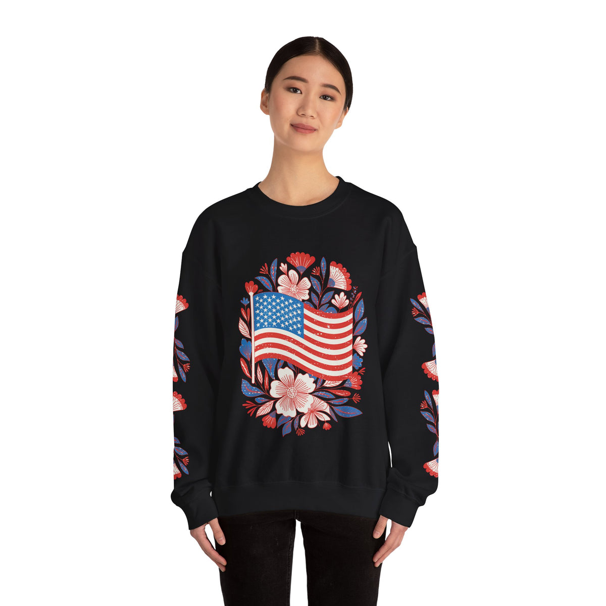 Floral American Flag Sweatshirt, Patriotic USA Pullover, Red White Blue Flower Top, Fourth of July Outfit, Americana Gift for Women