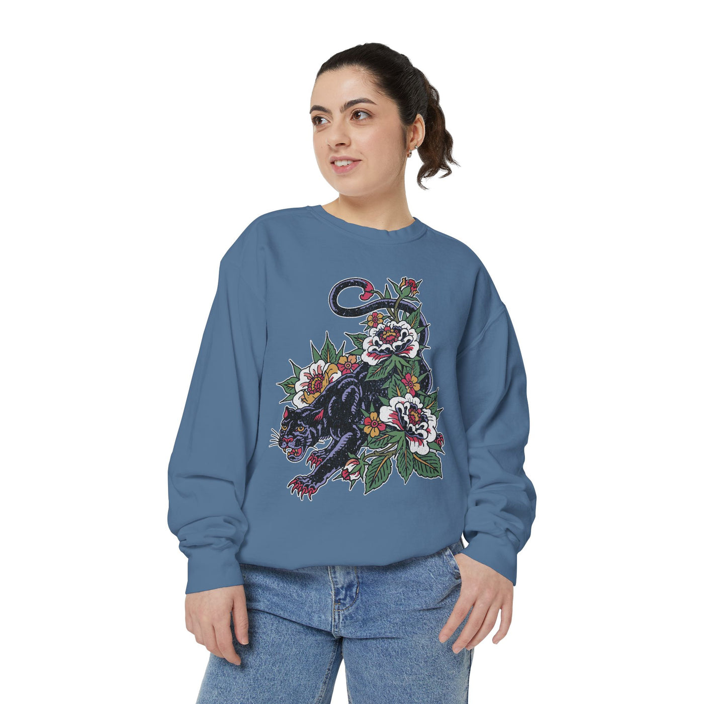 Traditional Panther Graphic Sweatshirt, Floral Tattoo Pullover for Men and Women, Old School Big Cat Top