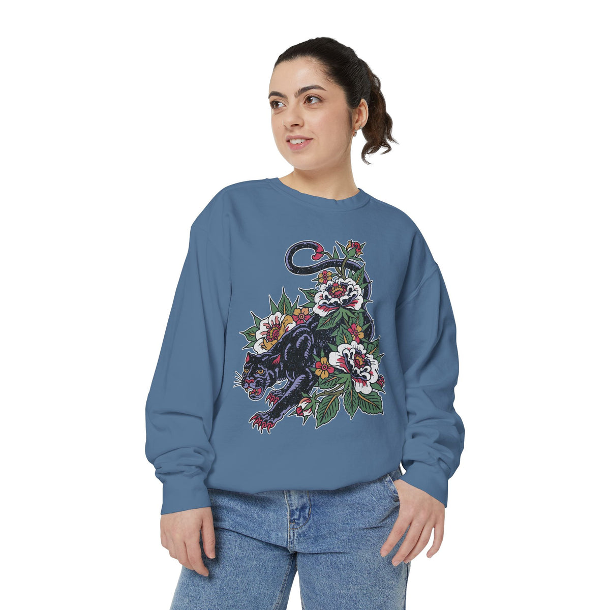 Traditional Panther Graphic Sweatshirt, Floral Tattoo Pullover for Men and Women, Old School Big Cat Top
