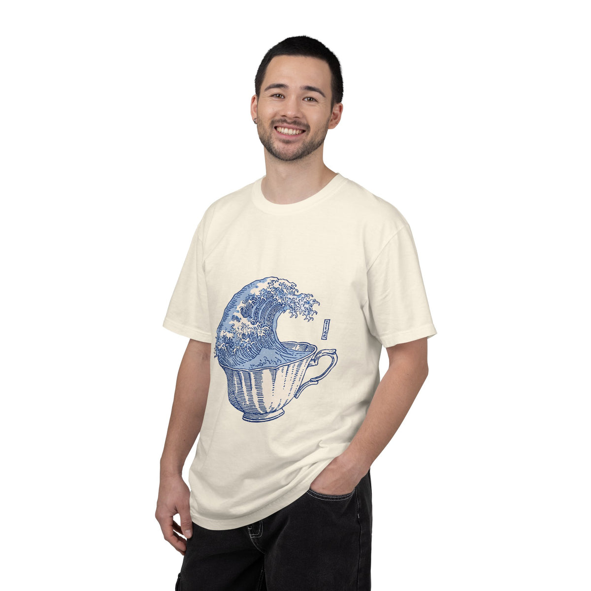 Great Wave Teacup Shirt, Japanese Art Inspired Ocean Graphic, Gift for Tea Lovers and Coastal Art Fans, Casual Cafe Weekend Outfit