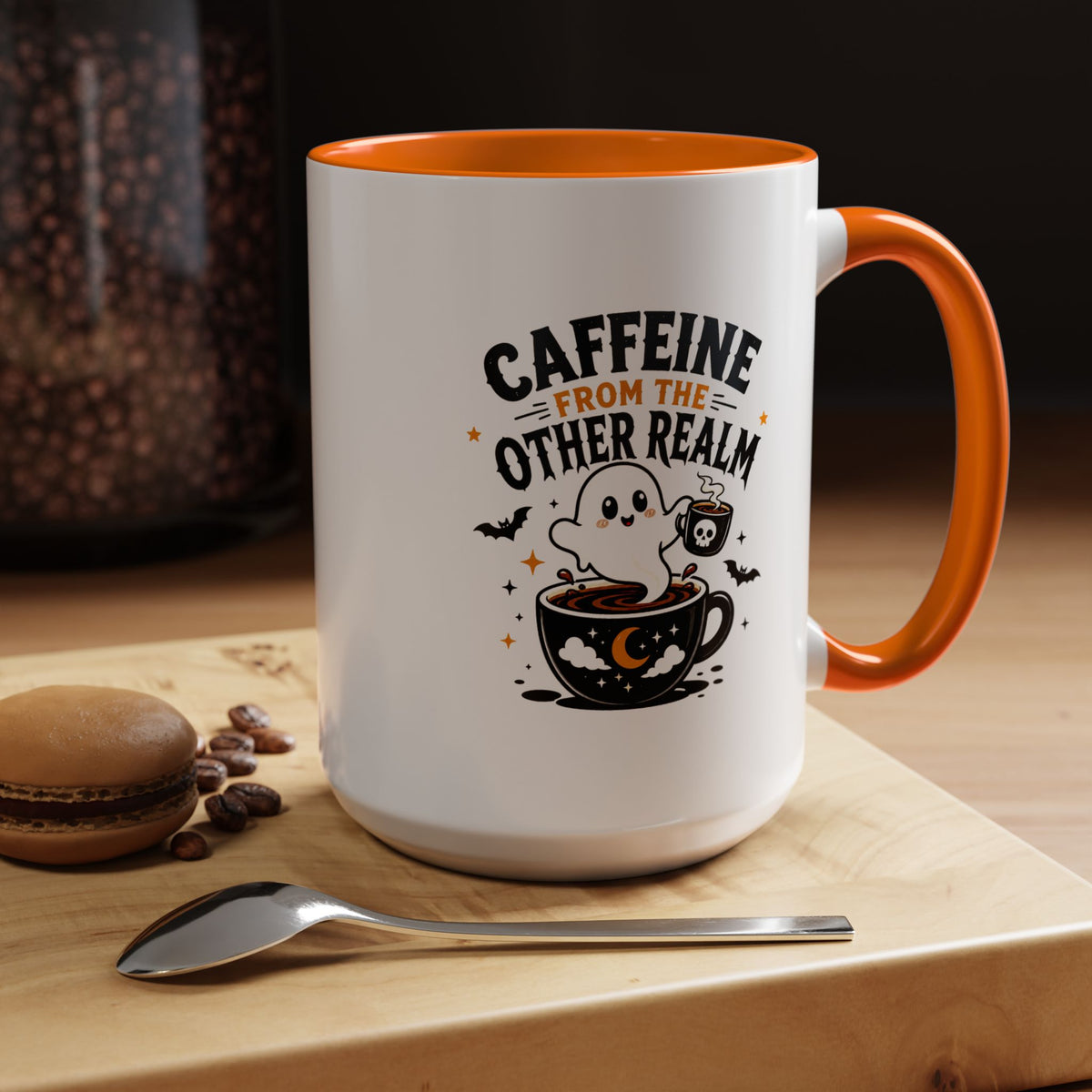 Halloween Ghost Coffee Mug, Caffeine From the Other Realm Black Accent Cup, Funny Spooky Gift for Coffee Lover, Barista or Coworker