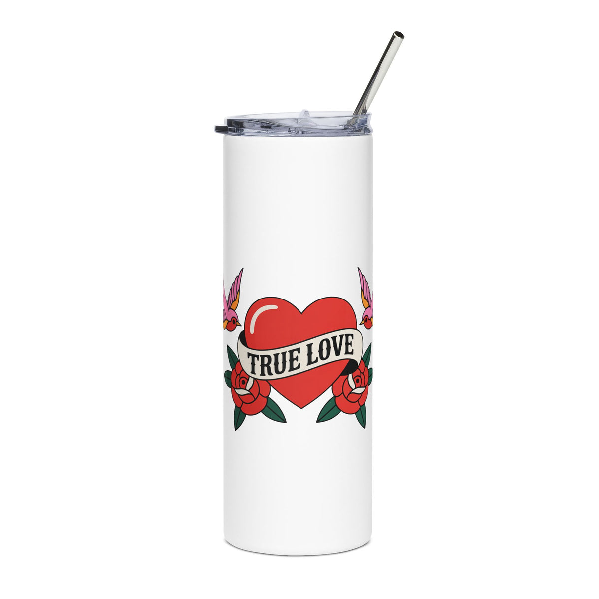 True Love Skinny Tumbler, Vintage Tattoo Heart Design, Stainless Steel Travel Cup, Romantic Gift for Her, Valentine's Day Drinkware
