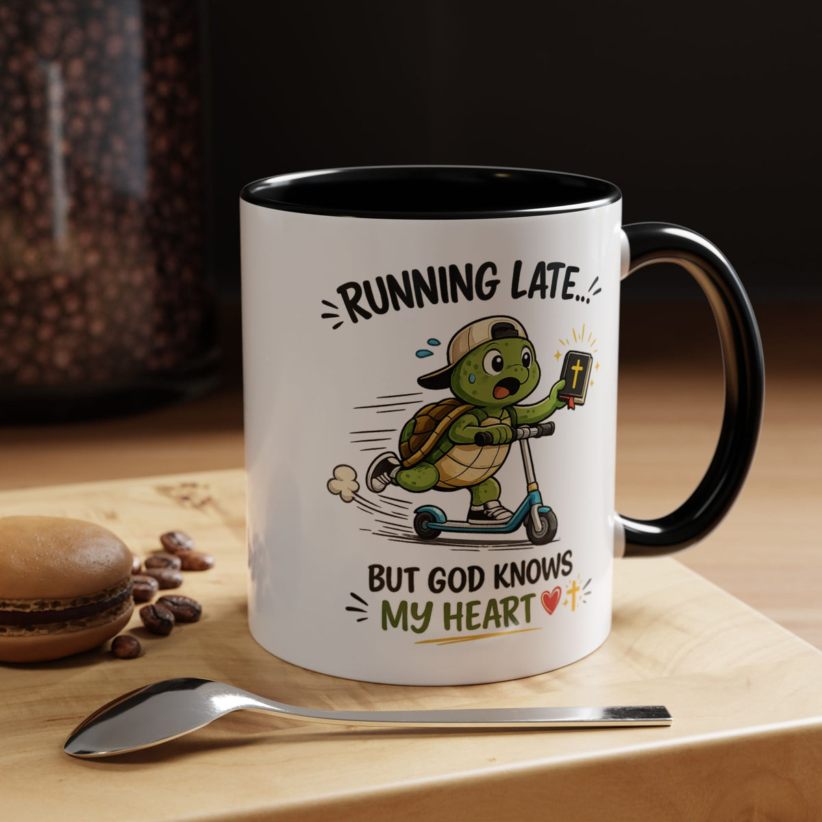 Christian Turtle Coffee Mug, Running Late But God Knows My Heart Mug, Funny Faith Based Mug, Christian Gift for Friends, Bible Lover Cup