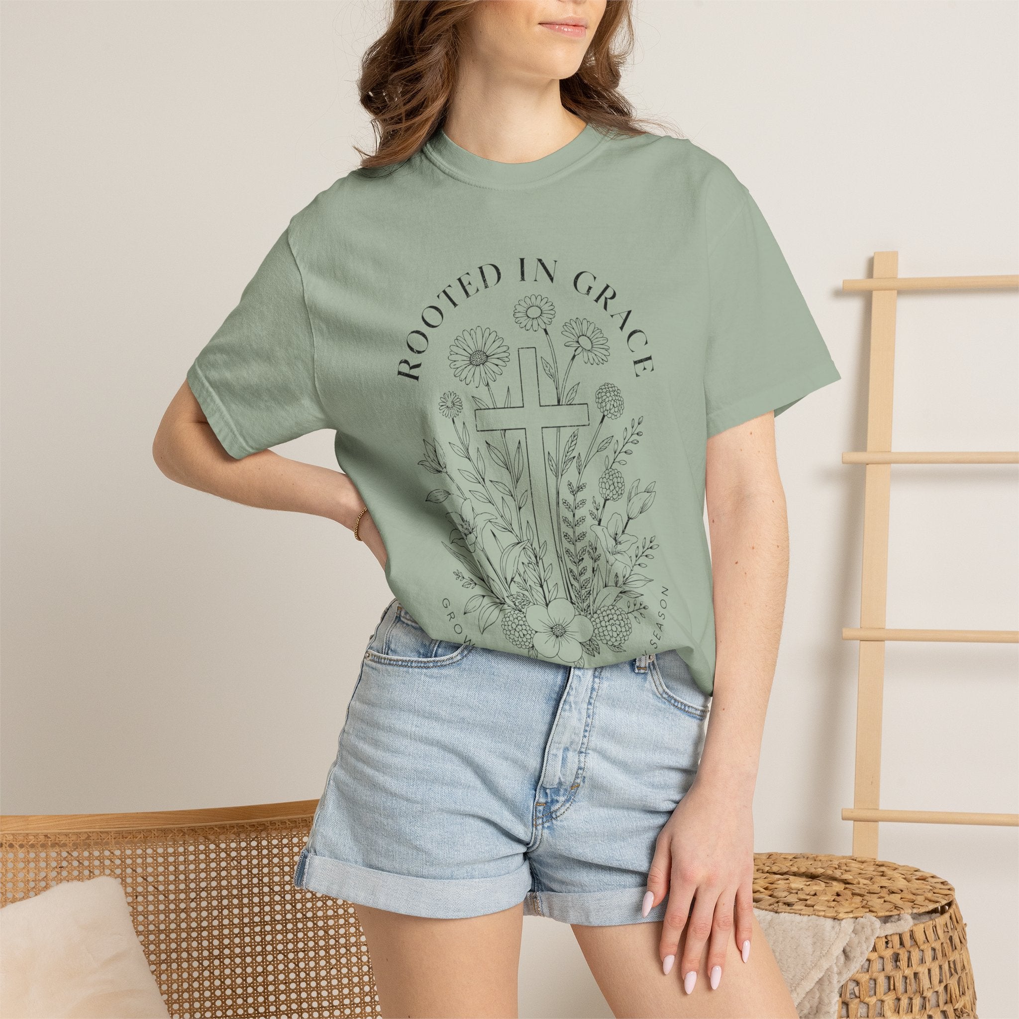 Comfort Colors Rooted in Grace Shirt, Christian Floral Cross Tee, Faith Based Graphic Shirt, Religious Gift for Women, Bible Verse Tee