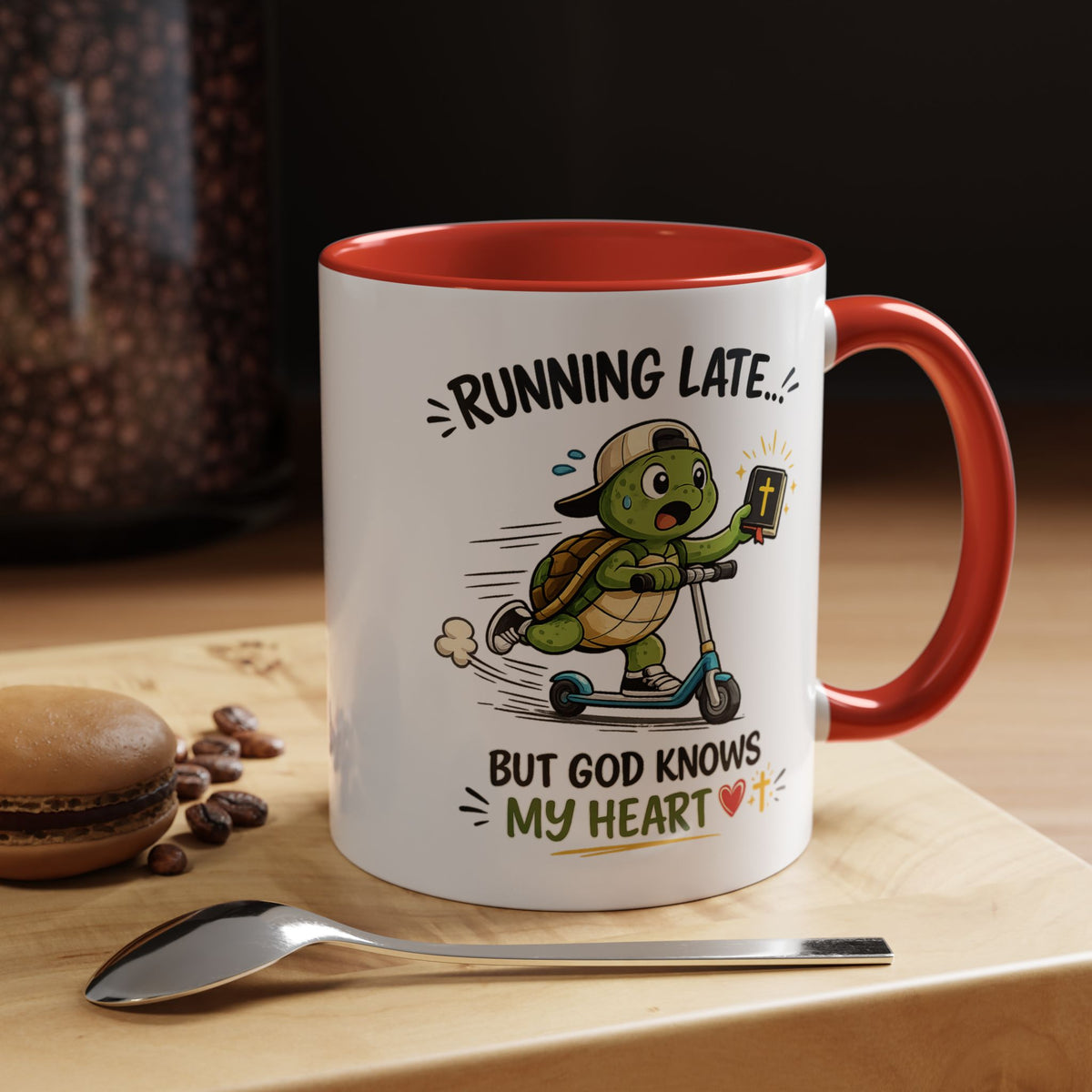 Christian Turtle Coffee Mug, Running Late But God Knows My Heart Mug, Funny Faith Based Mug, Christian Gift for Friends, Bible Lover Cup