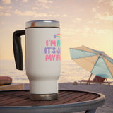 Funny Sarcastic Travel Mug with Handle, I'm Fine It's Just My Face Pastel Quote, Coffee Lover Gift for a Best Friend or Office Coworker