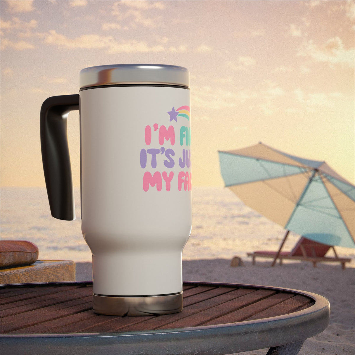 Funny Sarcastic Travel Mug with Handle, I'm Fine It's Just My Face Pastel Quote, Coffee Lover Gift for a Best Friend or Office Coworker