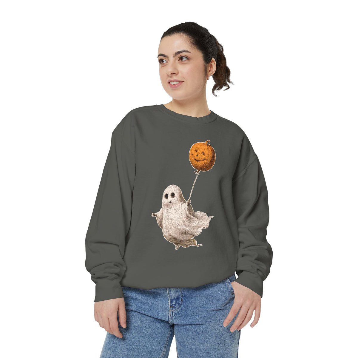 Cute Ghost Halloween Sweatshirt, Pumpkin Balloon Pullover, Vintage Spooky Season Gift for Women, Cozy October Fall Outfit for Ghost Loversv