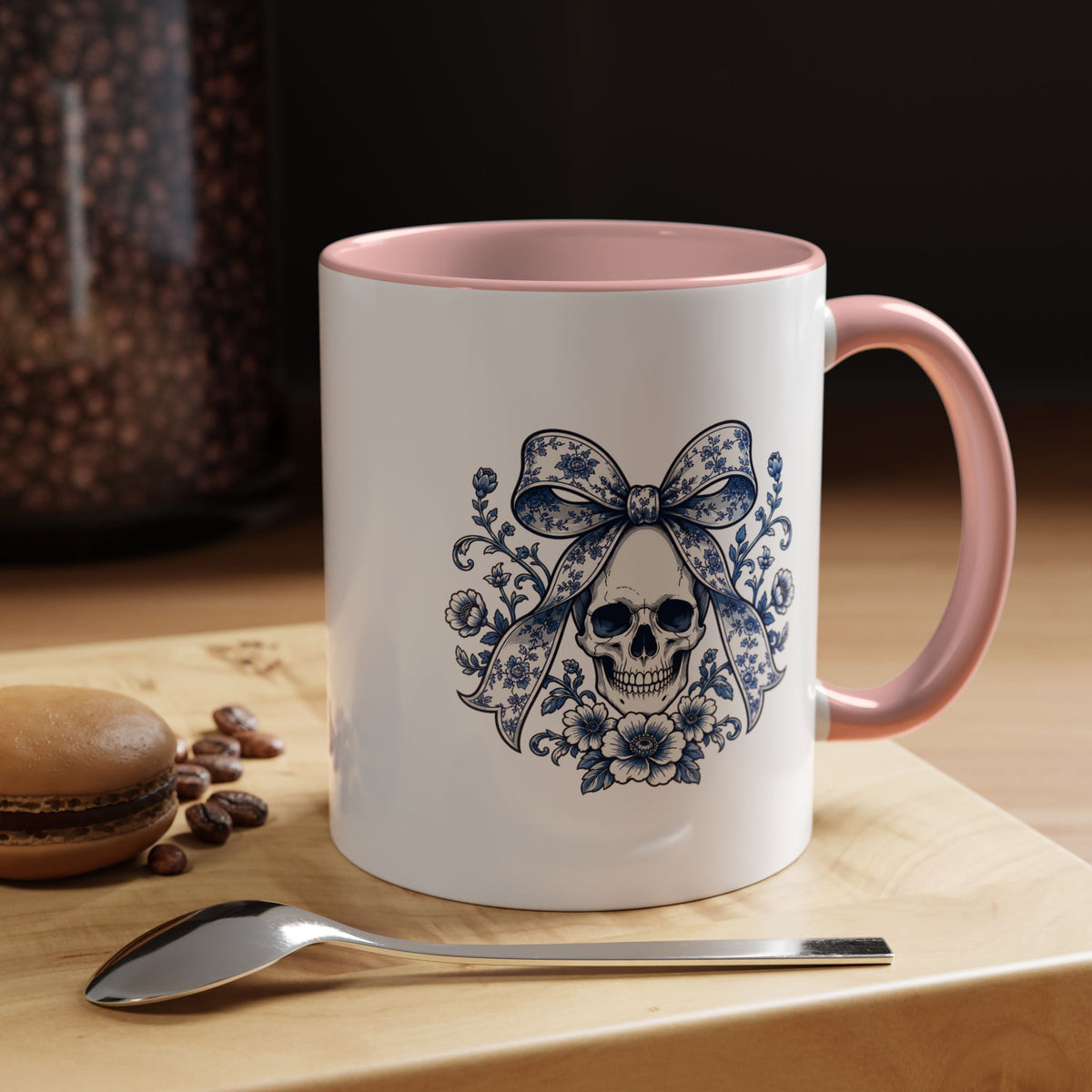 Blue Floral Skull Mug, Gothic Coquette Bow Coffee Cup, Alternative Halloween Gift for Her, Dark Academia Kitchen Decor, Spooky Present