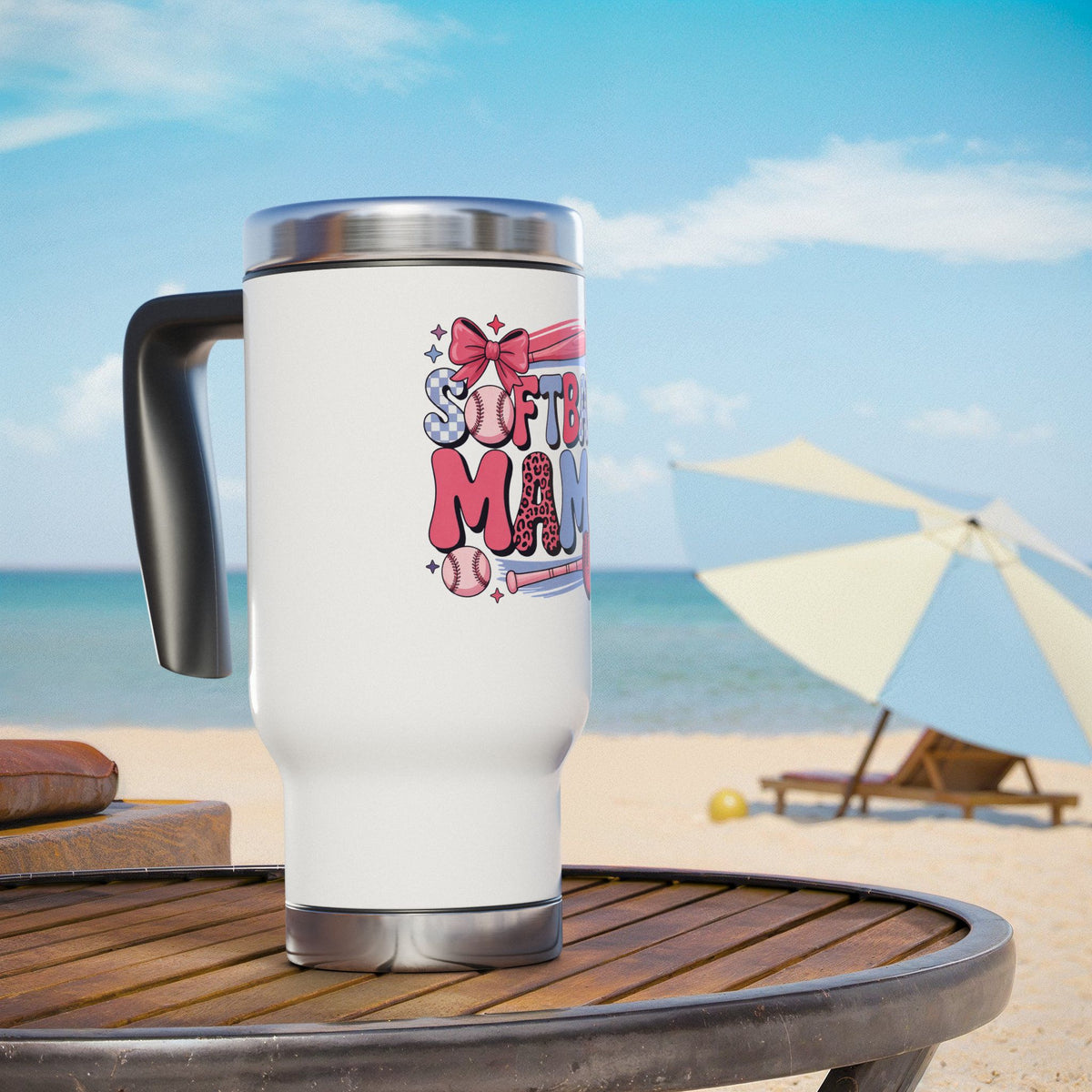 Softball Mama Travel Mug, Pink Baseball Mom Stainless Steel Cup, Cute Sports Mom Gift, Game Day Drinkware, Softball Season Gift for Women