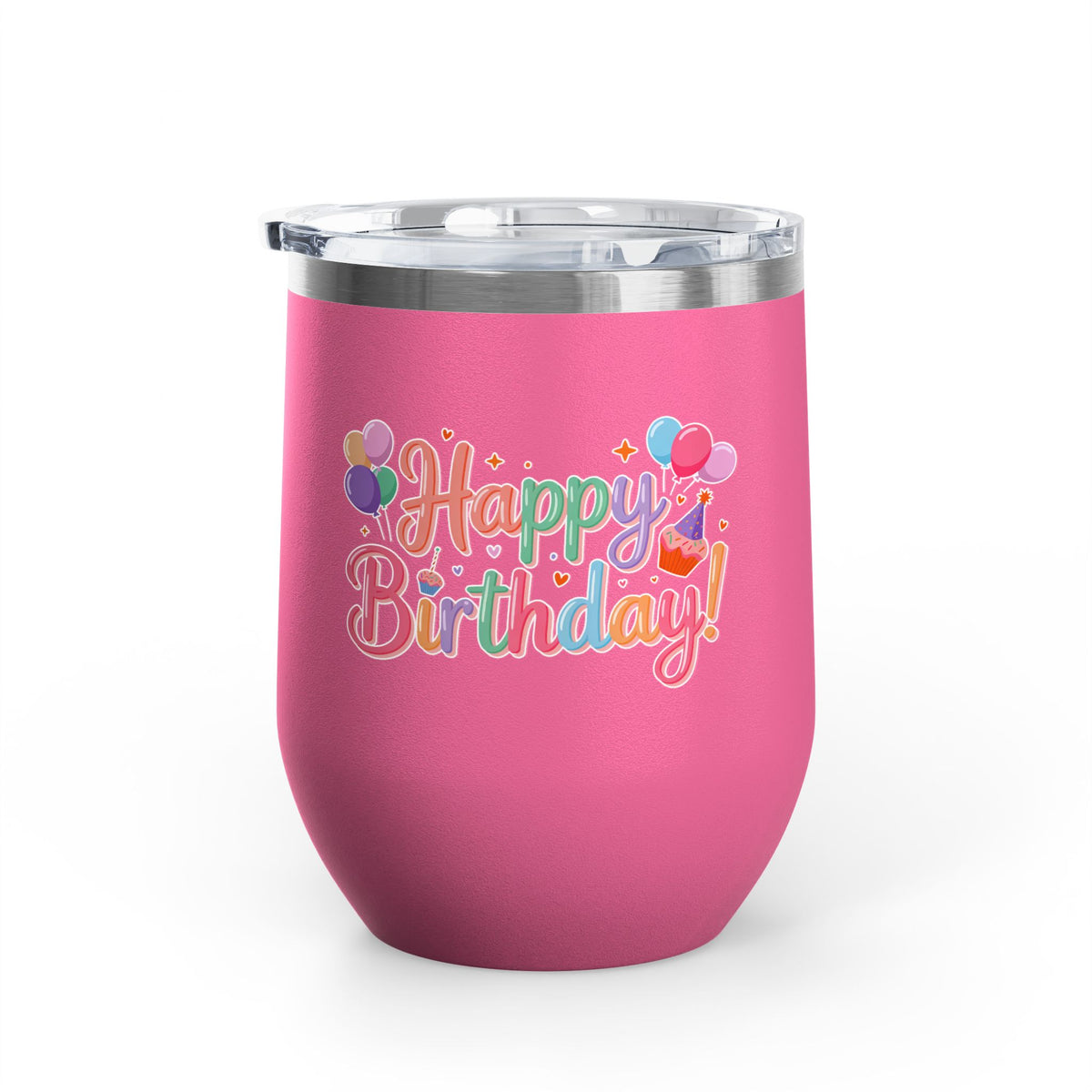 Happy Birthday Wine Tumbler, Pastel Balloons and Cupcake Design, Colorful Drinkware Gift for a Best Friend, Sister or Coworker Celebration