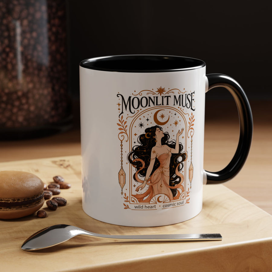 Moonlit Muse Coffee Mug, Celestial Goddess Art Mug, Mystic Moon Aesthetic Cup, Boho Spiritual Gift for Women, Cosmic Soul Coffee Mug