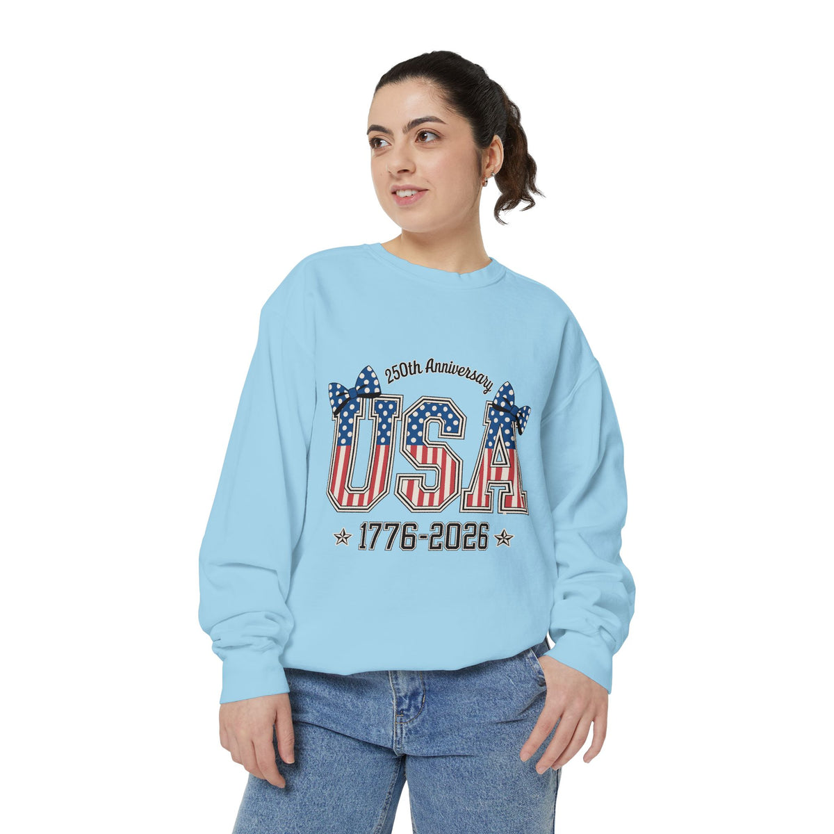 USA 250th Anniversary Comfort Colors Sweatshirt, Patriotic Bow Coquette Shirt, America 1776 2026 Sweatshirt, Fourth of July Gift