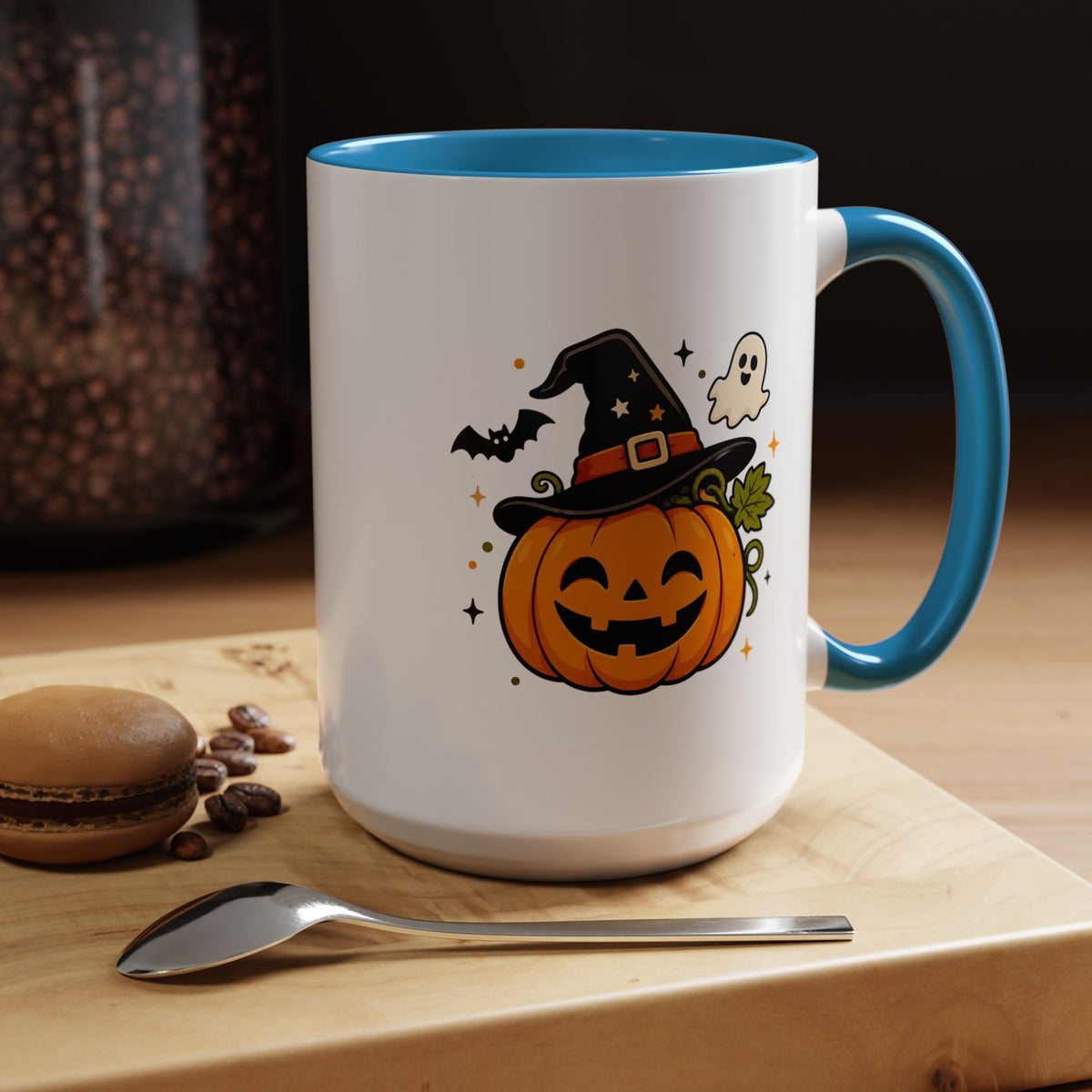 Cute Pumpkin Halloween Mug, Smiling Jack O Lantern Black Accent Coffee Cup, Cute Friendly Ghost Gift for Kids, Teachers or Fall Lovers