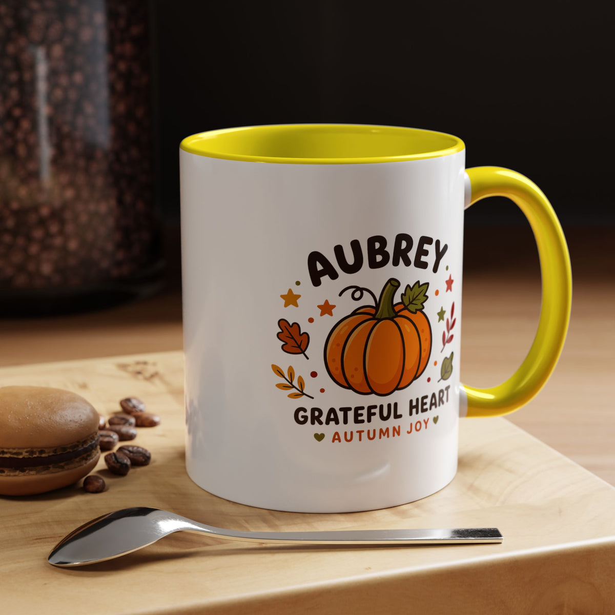 Personalized Pumpkin Name Mug, Custom Aubrey Fall Coffee Cup, Grateful Heart Autumn Gift for Her, Thanksgiving Birthday Keepsake Gift