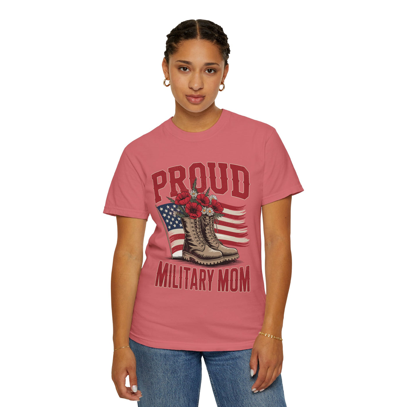 Proud Military Mom Shirt, Patriotic Army Mom T Shirt, Boots and Flowers Graphic Tee, American Flag Family Support Gift