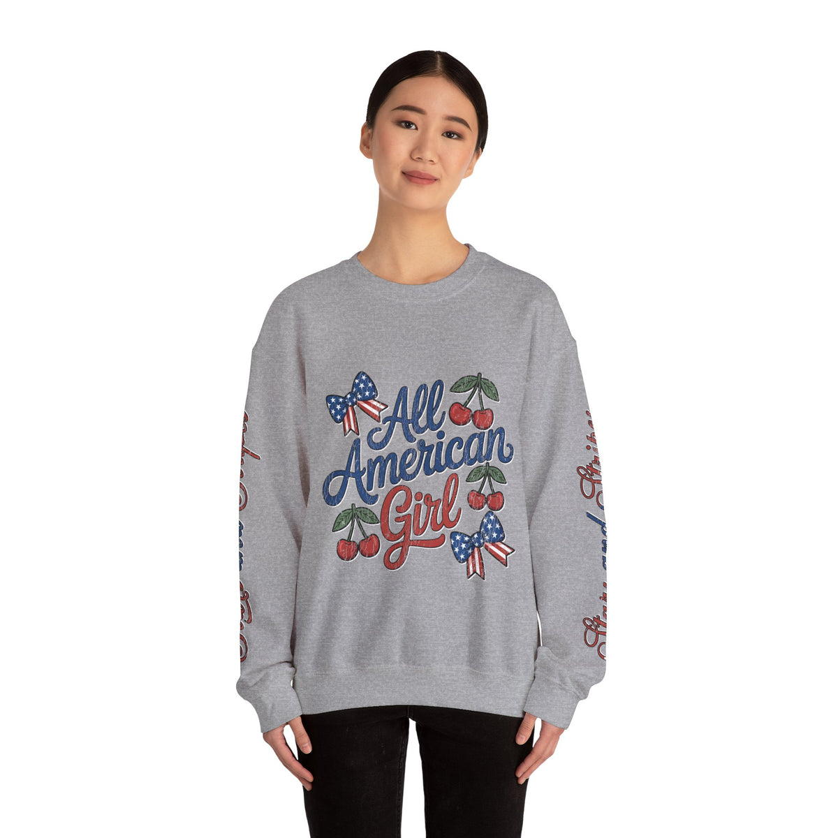 All American Girl Sweatshirt, Patriotic Womens Pullover, USA Flag Cherry Top, Vintage Americana Style, Fourth of July Gift