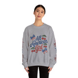 All American Girl Sweatshirt, Patriotic Womens Pullover, USA Flag Cherry Top, Vintage Americana Style, Fourth of July Gift
