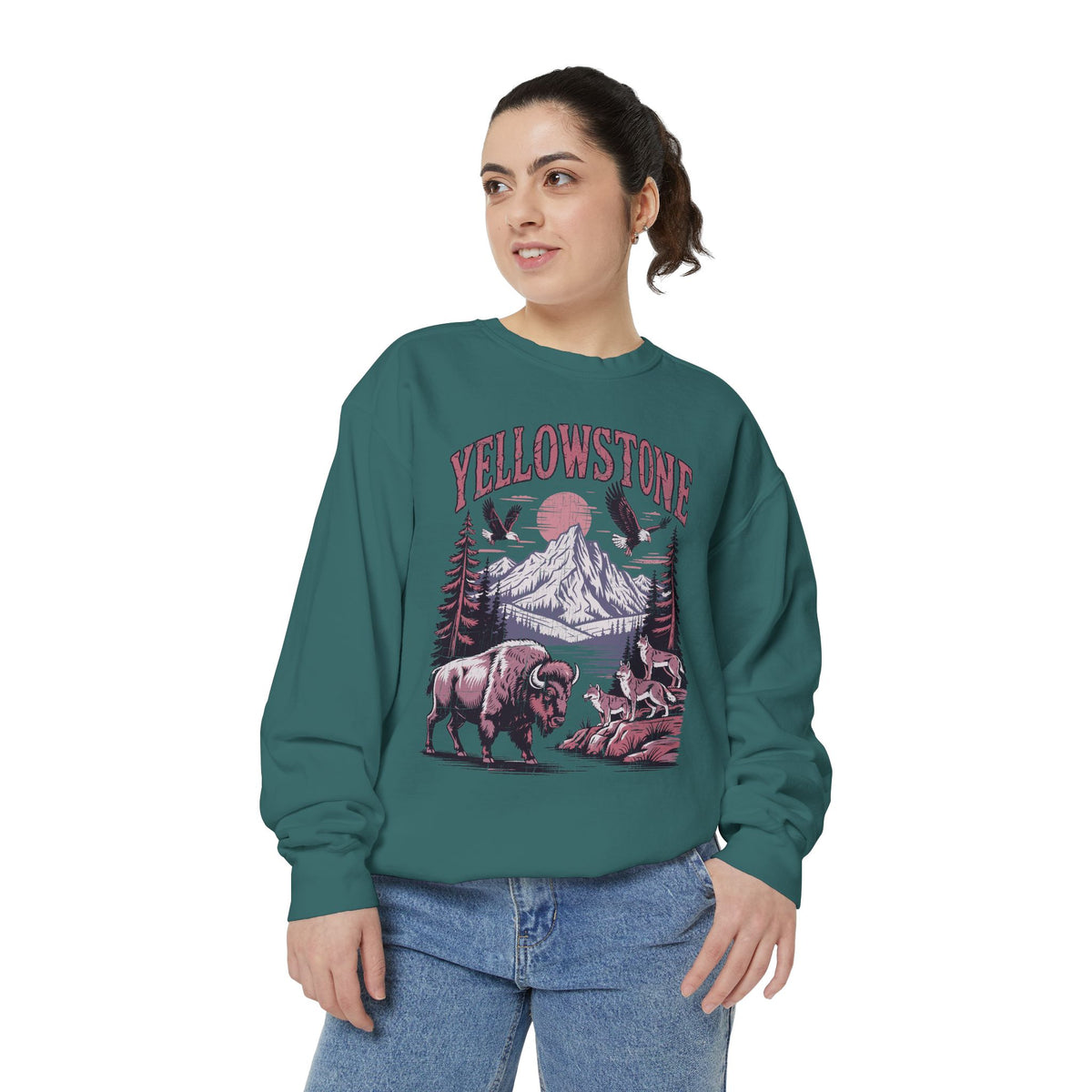 Yellowstone Wildlife Sweatshirt, Bison Wolf Eagle Mountain Crewneck, National Park Lover Gift, Western Nature Graphic Cozy Pullover