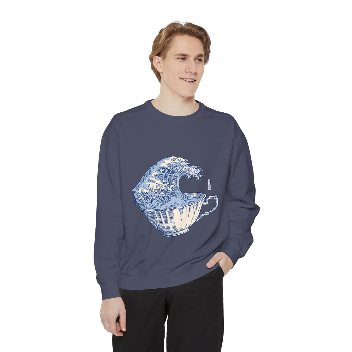 Great Wave Teacup Sweatshirt, Japanese Art Inspired Ocean Graphic, Gift for Tea Lovers and Coastal Art Fans, Casual Cafe Weekend Outfit