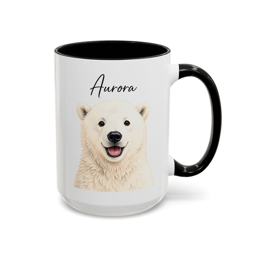 Custom Polar Bear Coffee Mug with Name, Personalized Arctic Animal Gift for Kids, Cute Winter Holiday Ceramic Tea Cup with Orange Handle