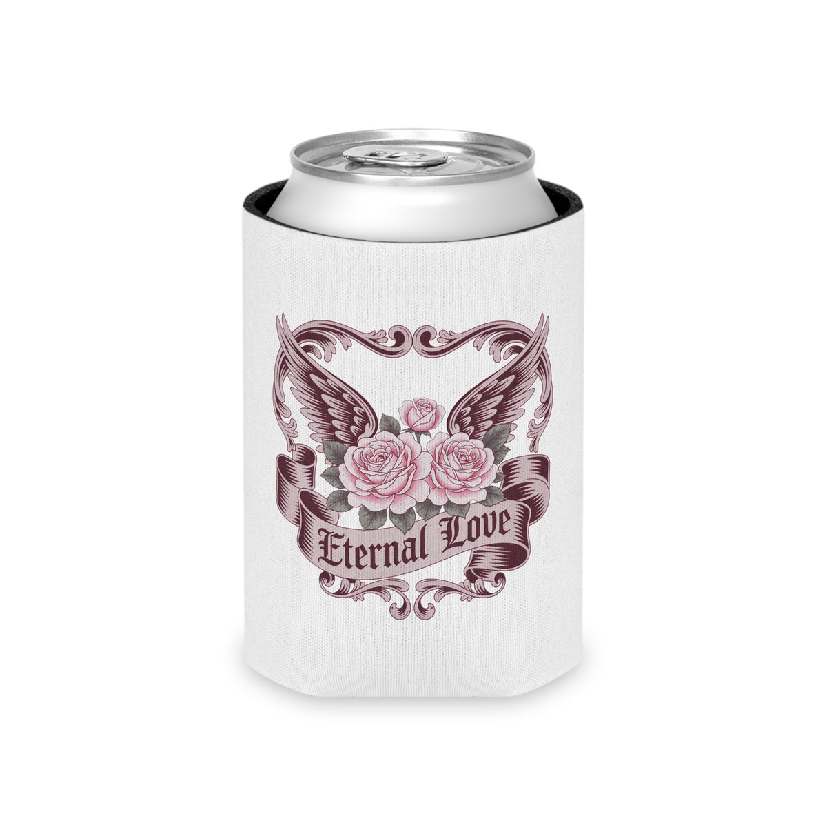 Gothic Rose Can Cooler, Eternal Love Drink Sleeve, Dark Romantic Gift, Vintage Winged Rose Design, Anniversary Gift for Couples