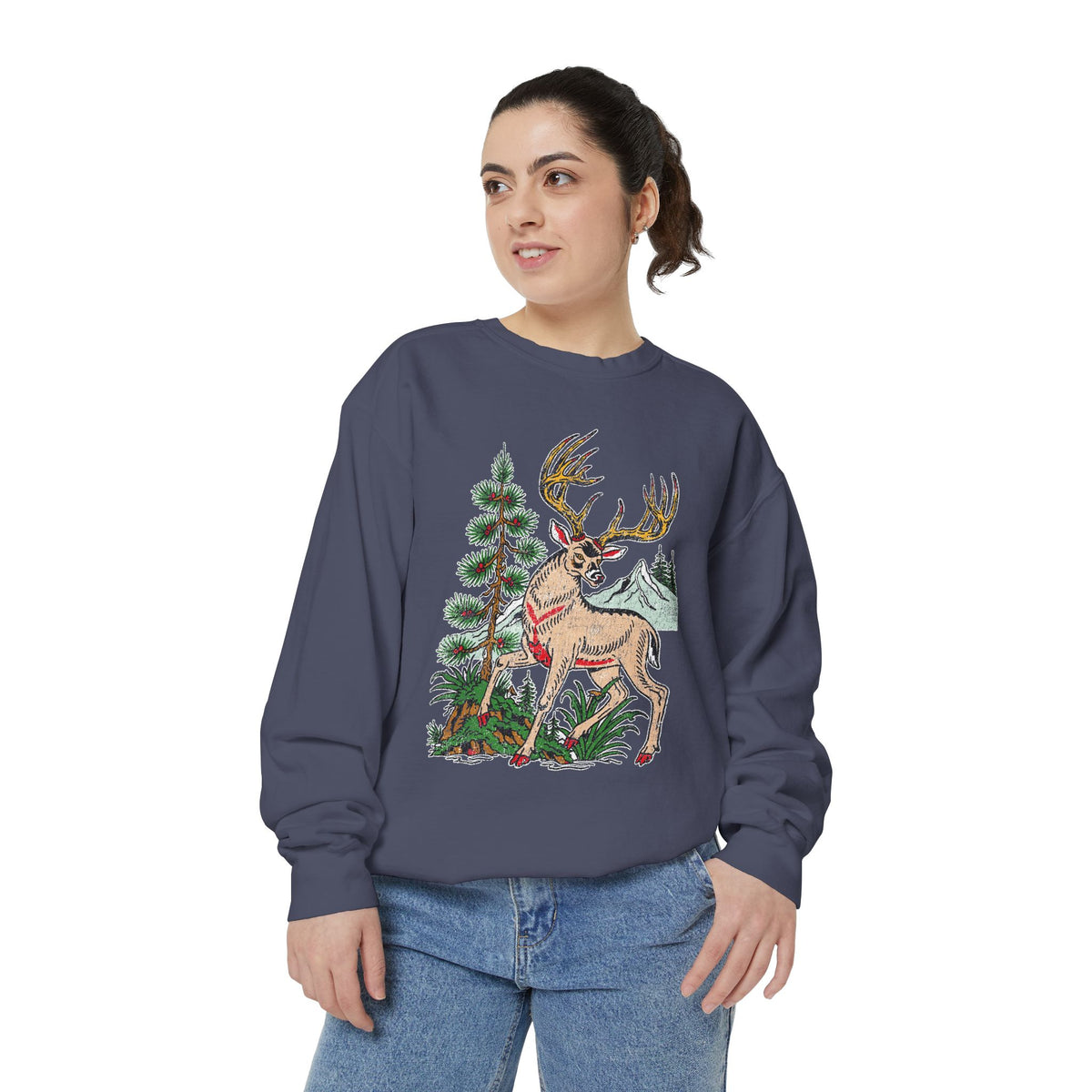 Woodland Deer Sweatshirt, Rustic Stag and Mountain Graphic, Gift for Wildlife Lovers and Hikers, Forest Inspired Cabin Weekend Clothing