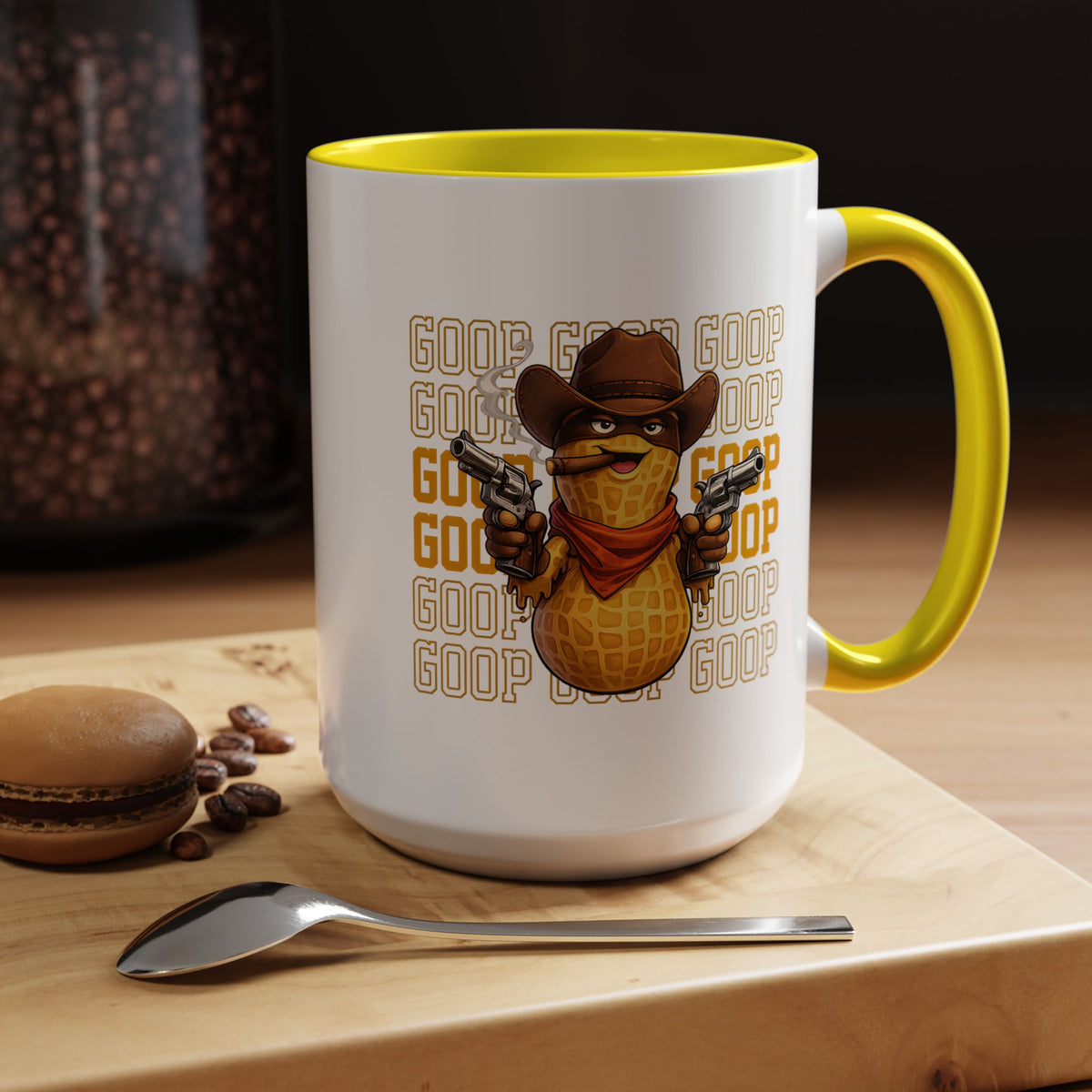 Good Repeating Slogan Cowboy Peanut Mug, Funny Western Office Joke Gift for Coworkers, Sarcastic Outlaw Ceramic Tea Cup with Dark Blue Handle