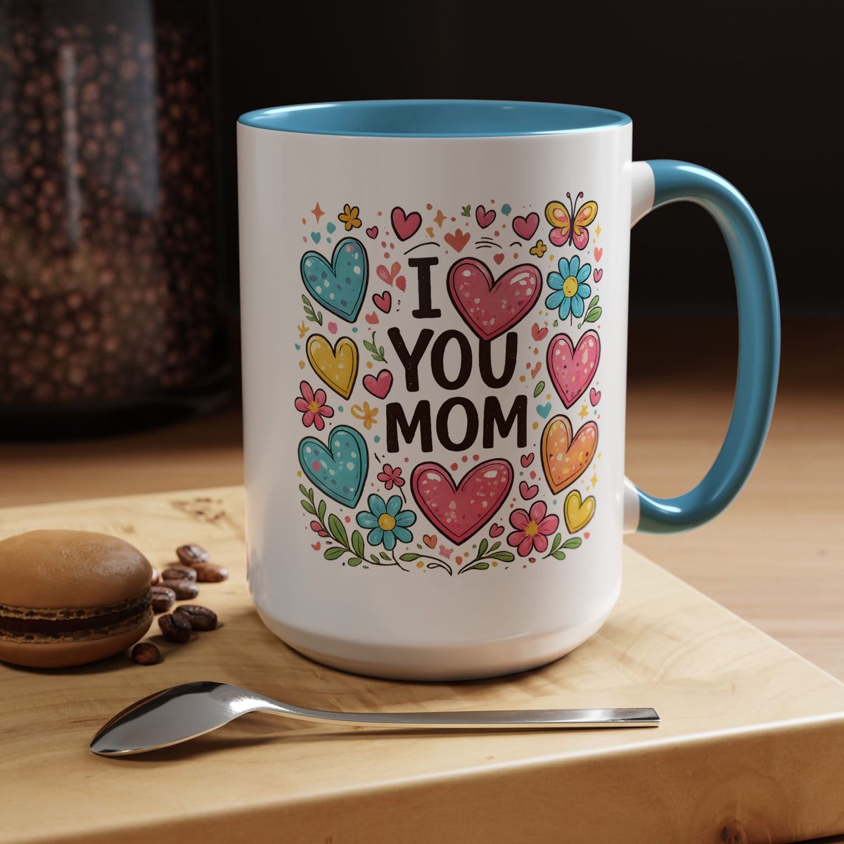 I Love You Mom Coffee Mug, Cute Birthday Gift for Mother, Colorful Hearts and Flowers Ceramic Tea Cup with Blue Handle, Mother's Day Mug