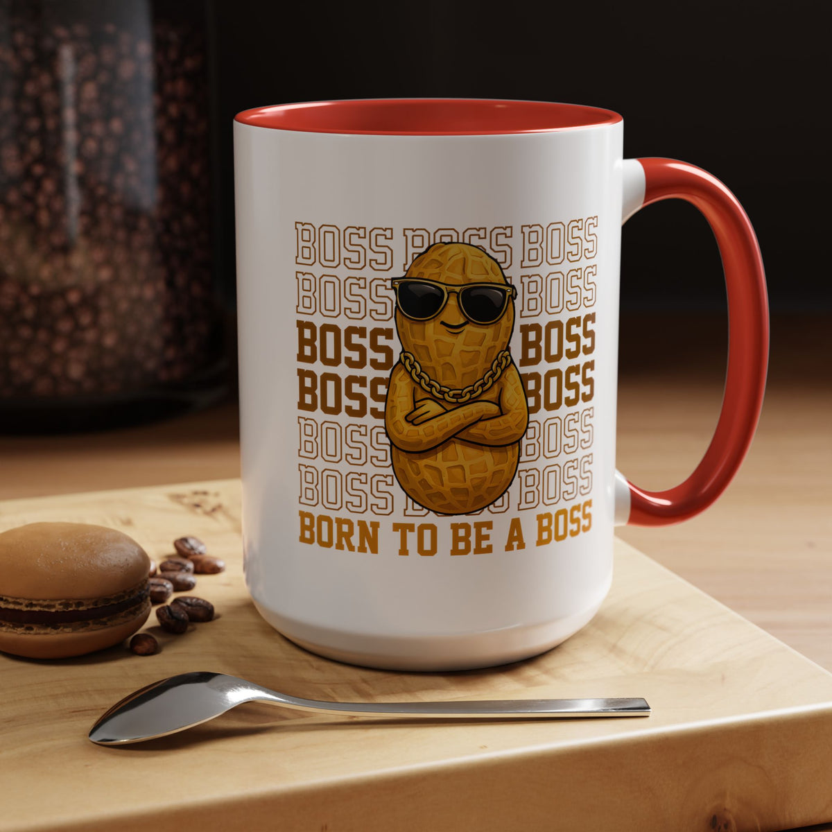 Born To Be A Boss Coffee Mug, Funny Peanut Office Joke Gift for Coworkers, Sarcastic Corporate Manager Ceramic Tea Cup with Orange Handle