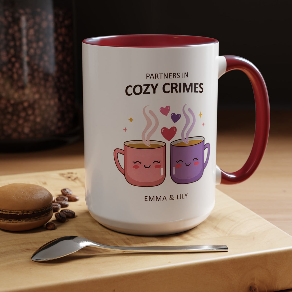 Partners in Cozy Crimes Mug, Personalized Best Friend Coffee Mug, Custom Name Friendship Gift for Women