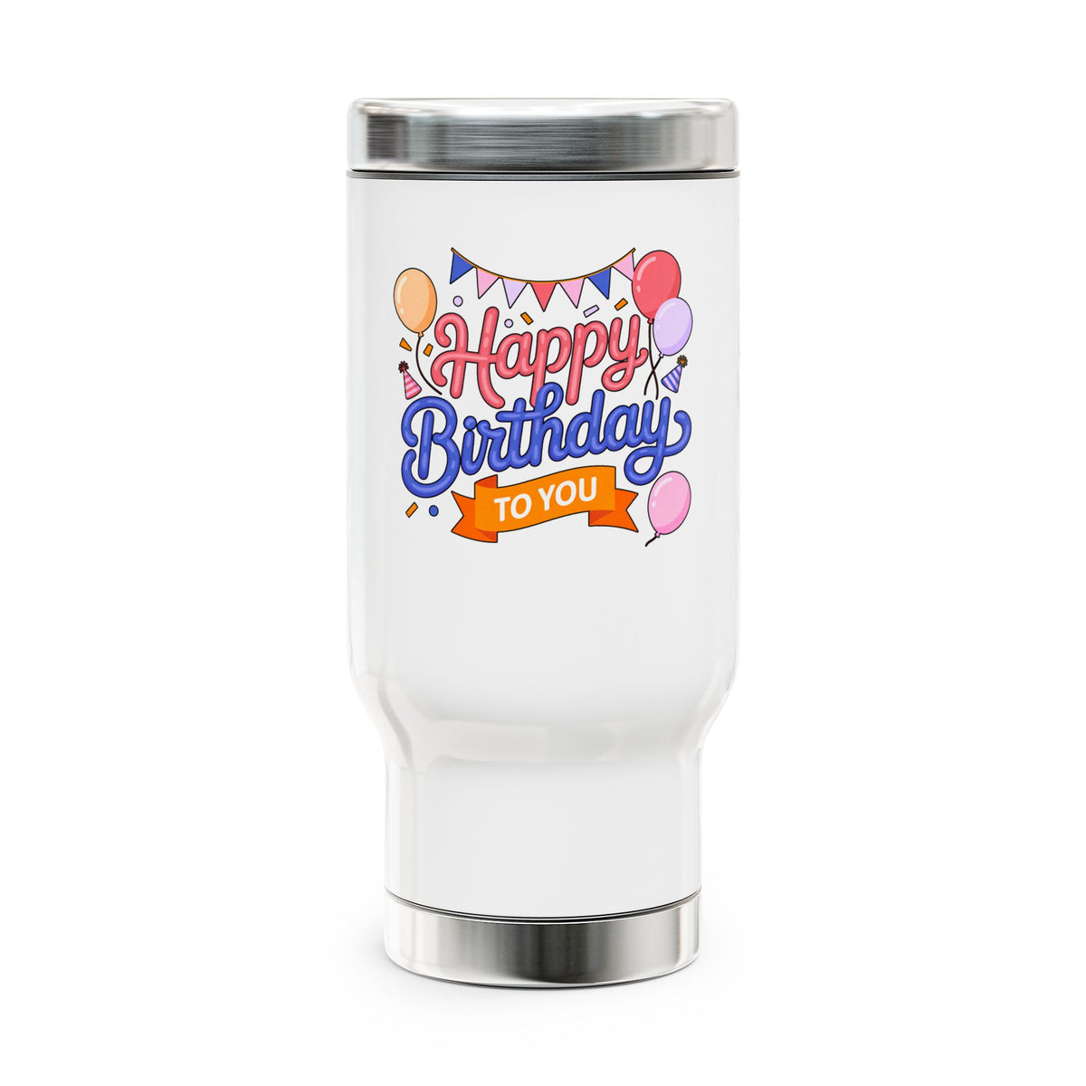 Happy Birthday to You Travel Mug with Handle, Pink and Blue Lettering with Party Balloons, Coffee Lover Gift for a Best Friend or Sister