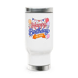 Happy Birthday to You Travel Mug with Handle, Pink and Blue Lettering with Party Balloons, Coffee Lover Gift for a Best Friend or Sister