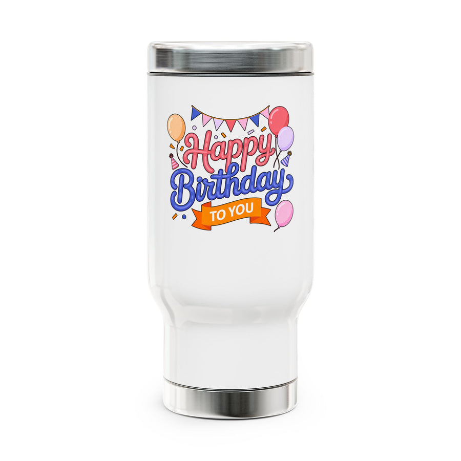 A white stainless steel travel mug with a silver lid and base, printed with "Happy Birthday" in pink and blue script under party bunting, with balloons, party hats and an orange "TO YOU" banner.