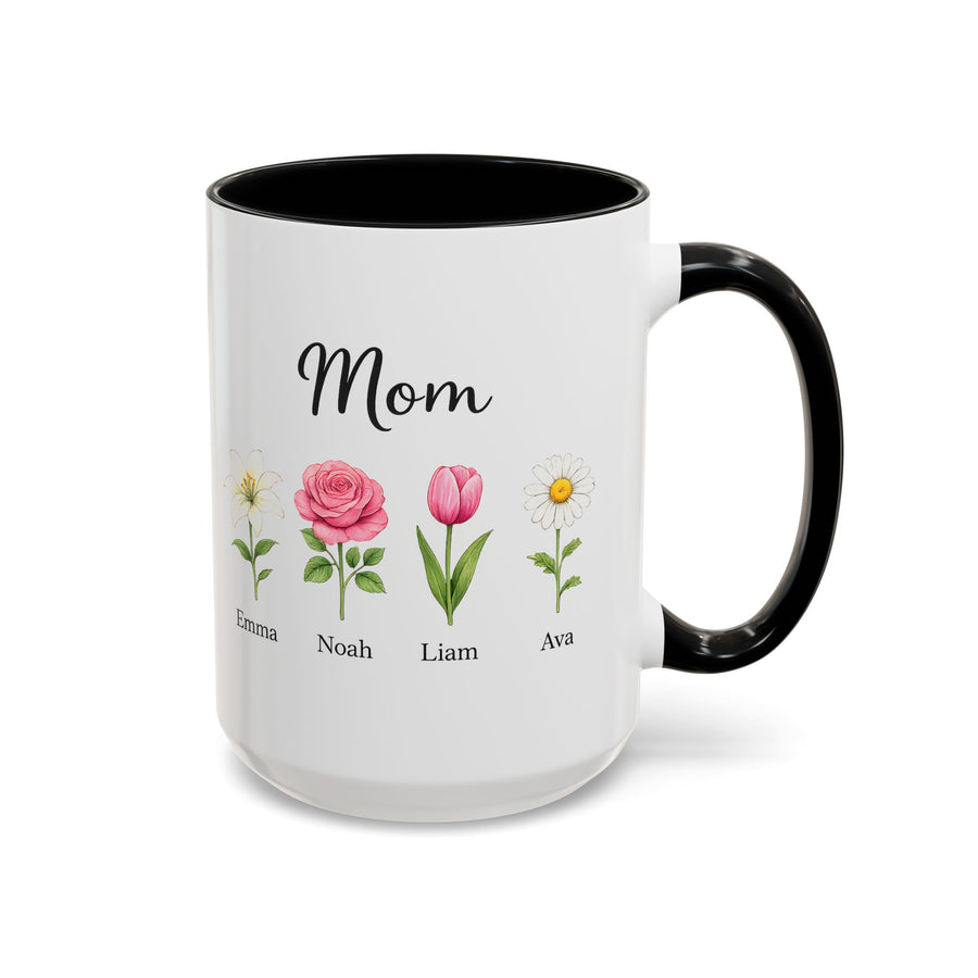 Personalized Birth Flower Mom Mug, Custom Kids Names Coffee Mug, Mother's Day Gift for Mom, Floral Family Keepsake Cup, Grandma Gift