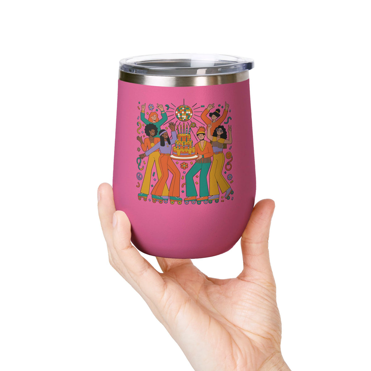 Retro Disco Birthday Wine Tumbler, 70s Roller Skating Party Design, Groovy Drinkware Gift for a Skater Friend Who Loves Vintage Aesthetics